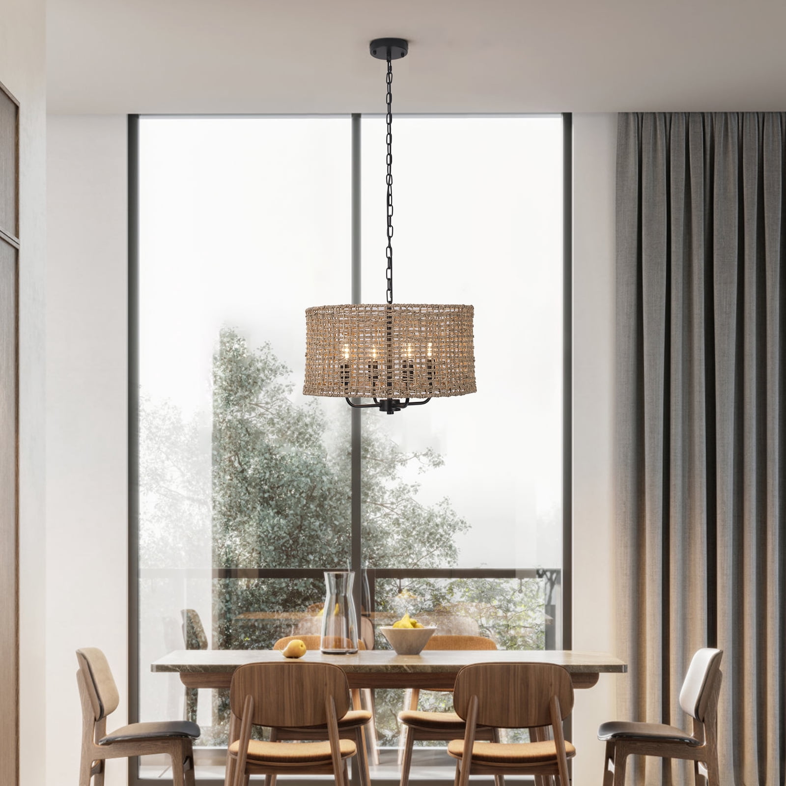 Wuzstar Hand Woven Rattan Chandelier Pendant Light Fixture 4-Light Farmhouse Rattan Light Fixtures for Kitchen Island Dining Room