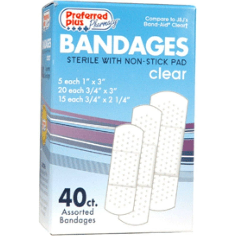 Bandages Clear Adhesive Sterile with NonStick Pads, Assorted Size 40