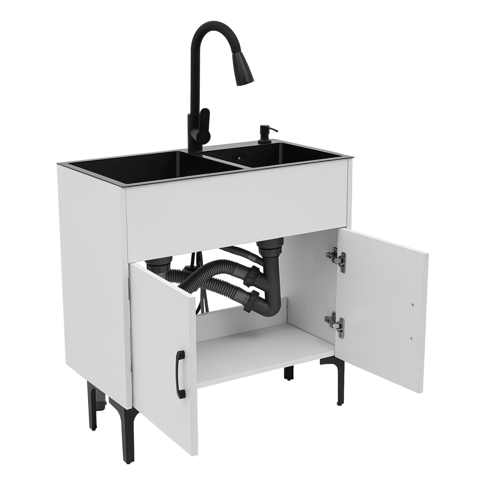 White Freestanding Double Kitchen Sink with Cabinet, Pull-Out Faucet, Soap Dispenser, Drainage Basket, 201 Stainless Steel & Wood, Black/White, 29.5"x16.1"x30.7", Easy Assembly, Complete Set