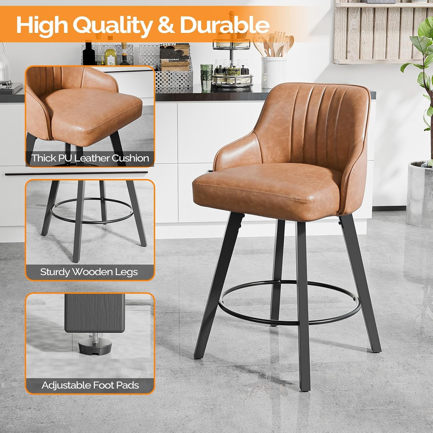 VINGLI 26" H Swivel Barstools Set of 2, PU Leather Upholstered Counter Stool with Back, Kitchen High Chairs Counter Height Bar stools with Cushion, Solid Wood Legs, Black