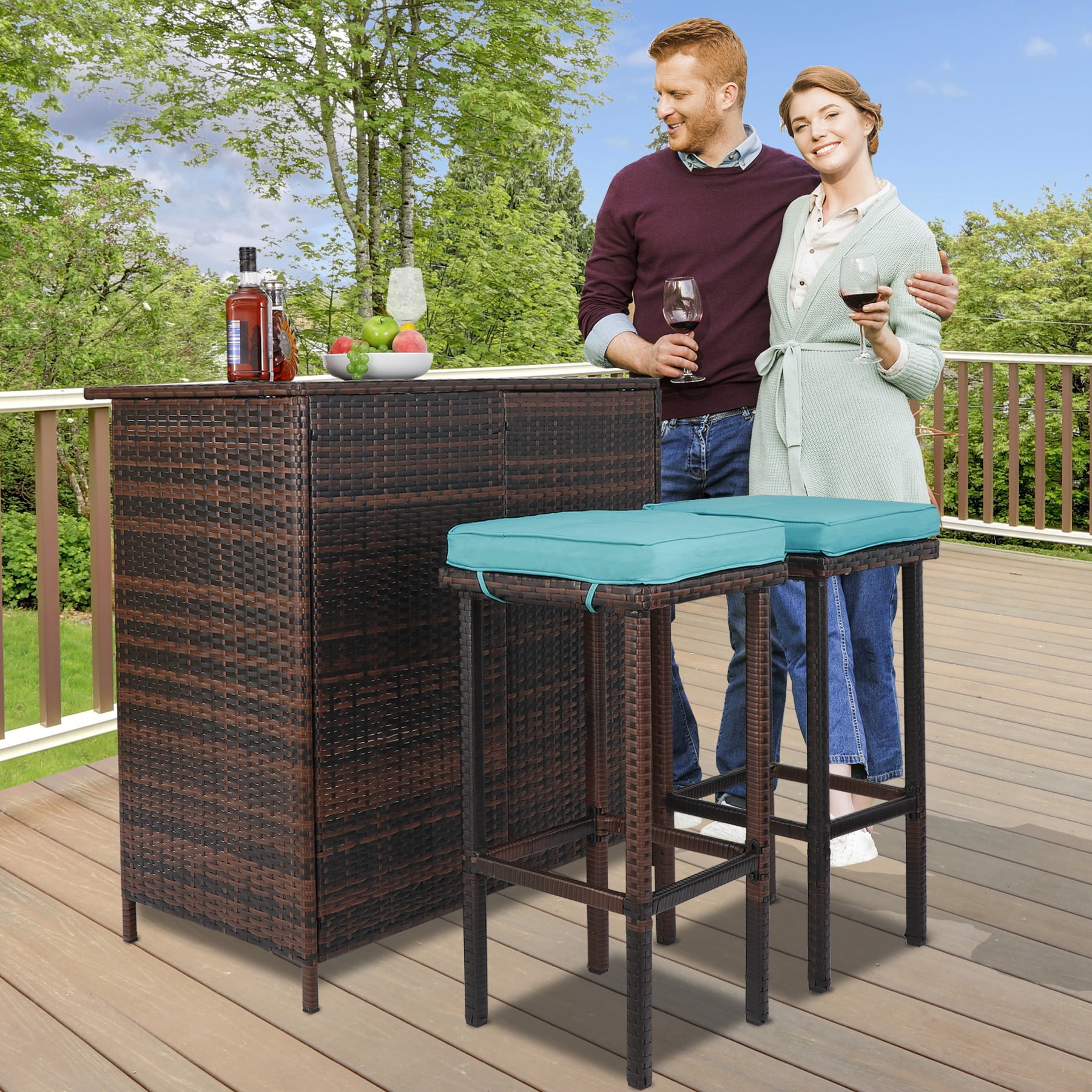 Outdoor Bar Furniture 3 Piece Patio Bar Set Brown Rattan Bar with Storage 2 Brown Stool Cushions