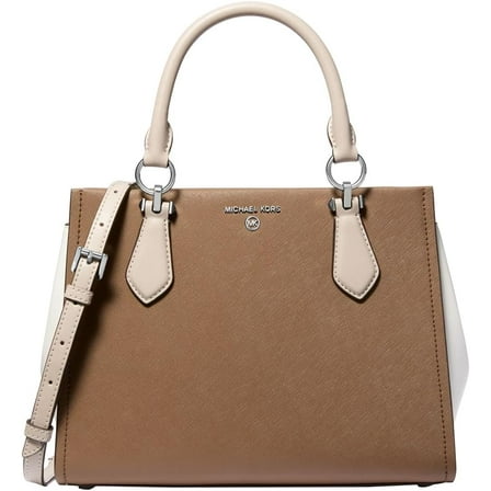 Michael Kors Marilyn Medium Leather Satchel, Ecru/Walnut
