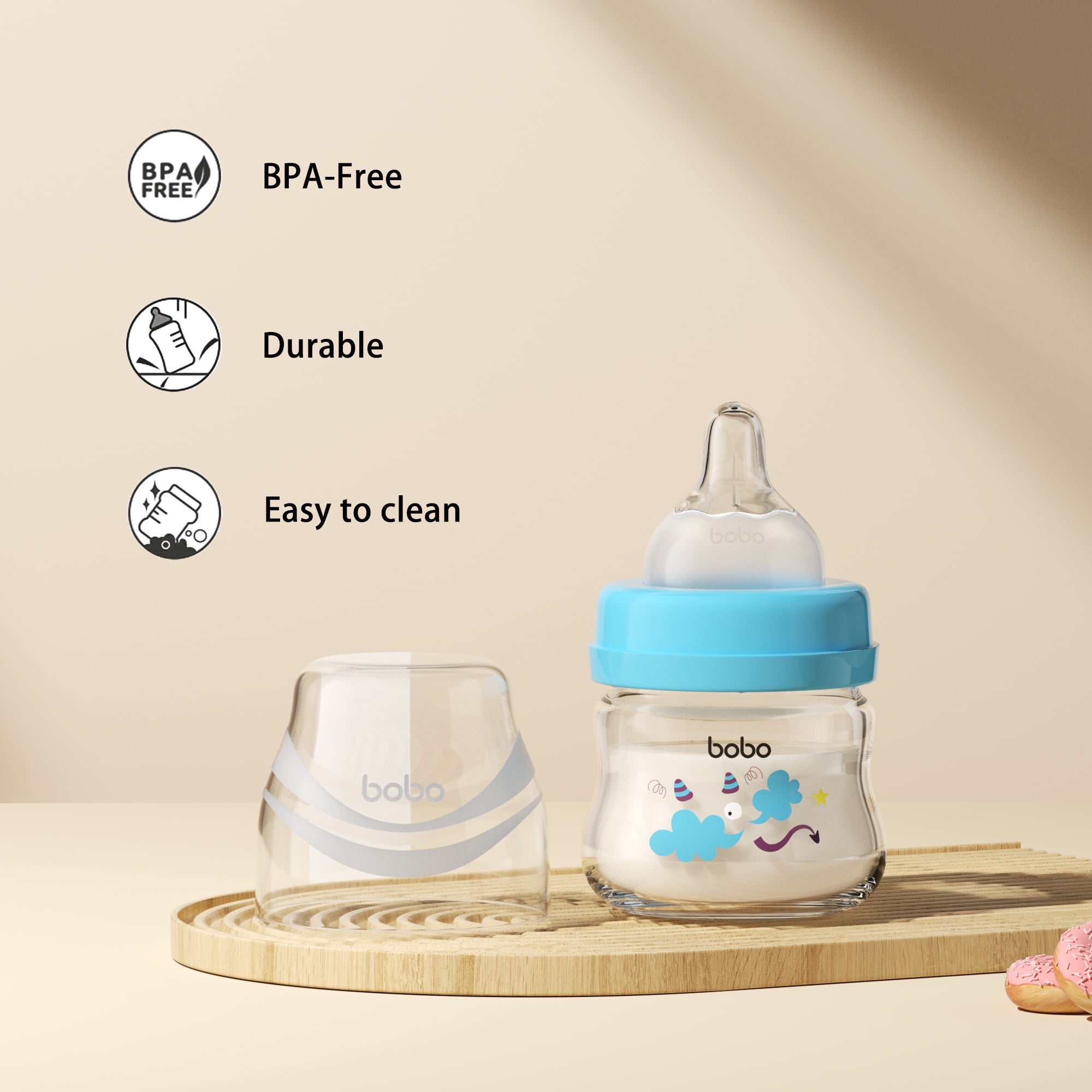 YOHKOH 2.7oz Newborn Glass Baby Bottle ,Wide-Neck,Slow Flow,for 0 m+,2Pk,Blue Gift Sets