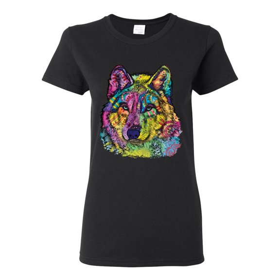 Colorful Majestic Neon Atric Wolf | Dean Russo Art Animal Lover Womens T-Shirt, Black, 2XL