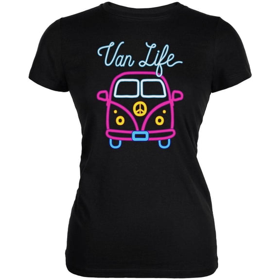 Retro Neon Sign Van Life Bus Juniors Soft T Shirt Black MD