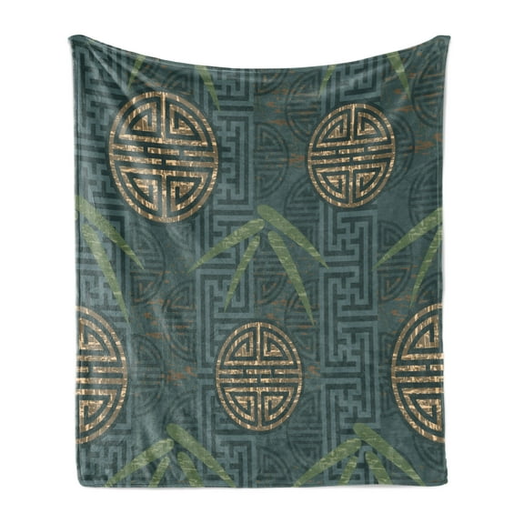 Bamboo Print Soft Flannel Fleece Throw Blanket, Style Composition Oriental Motifs Leaves Eastern Elements, Cozy Plush for Indoor and Outdoor Use, 60" x 80", Teal Ivory Tan, by Ambesonne