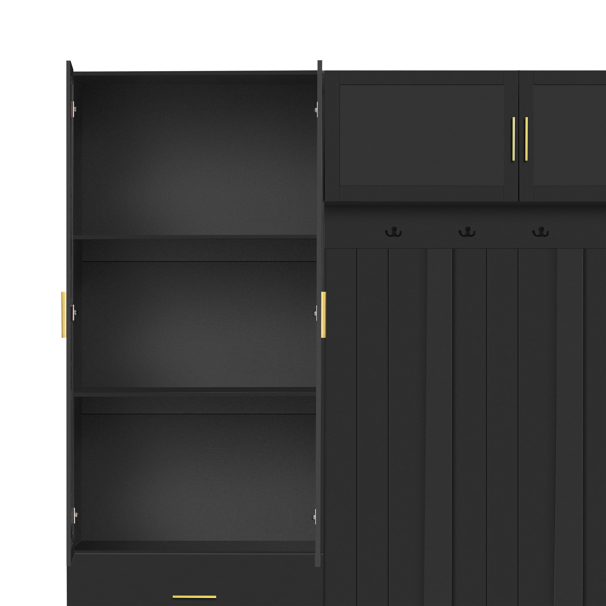 T-Foyer Modern Black 4-in-1 Hall Tree with 4 Hooks, Padded Bench & Cabinets, Wooden Rustic Entryway Organizer with Open Storage & 3 Drawers