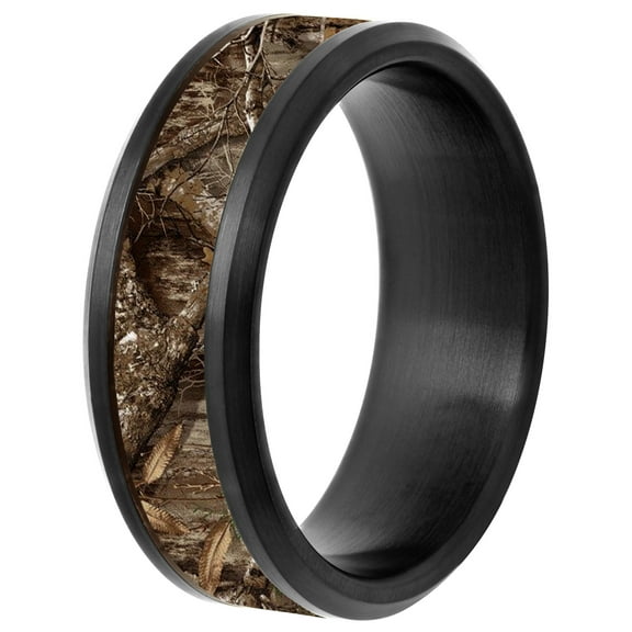 Men's Black Stainless Steel Brown Woods Camo Beveled 8MM Wedding Band - Men's Ring