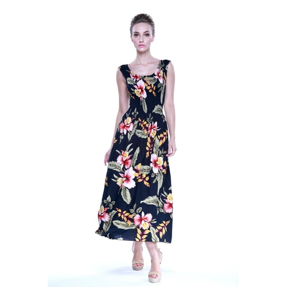 Women's Hawaiian Maxi Tank Elastic Luau Dress in Rafelsia Black
