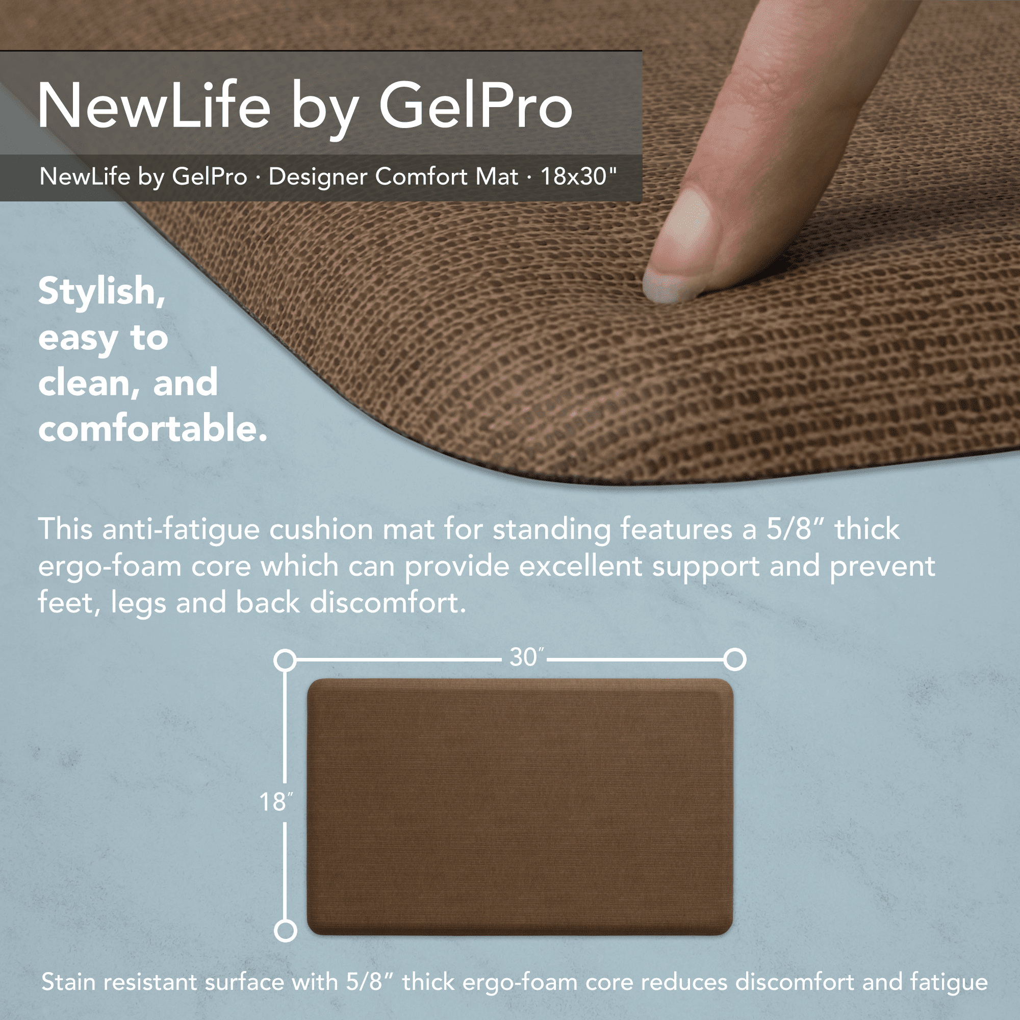NewLife by GelPro Anti-Fatigue Designer Comfort Kitchen Floor Mat Stain Resistant Surface with 5/8” thick ergo-foam core for health and wellness,18x30 Grasscloth Charcoal 