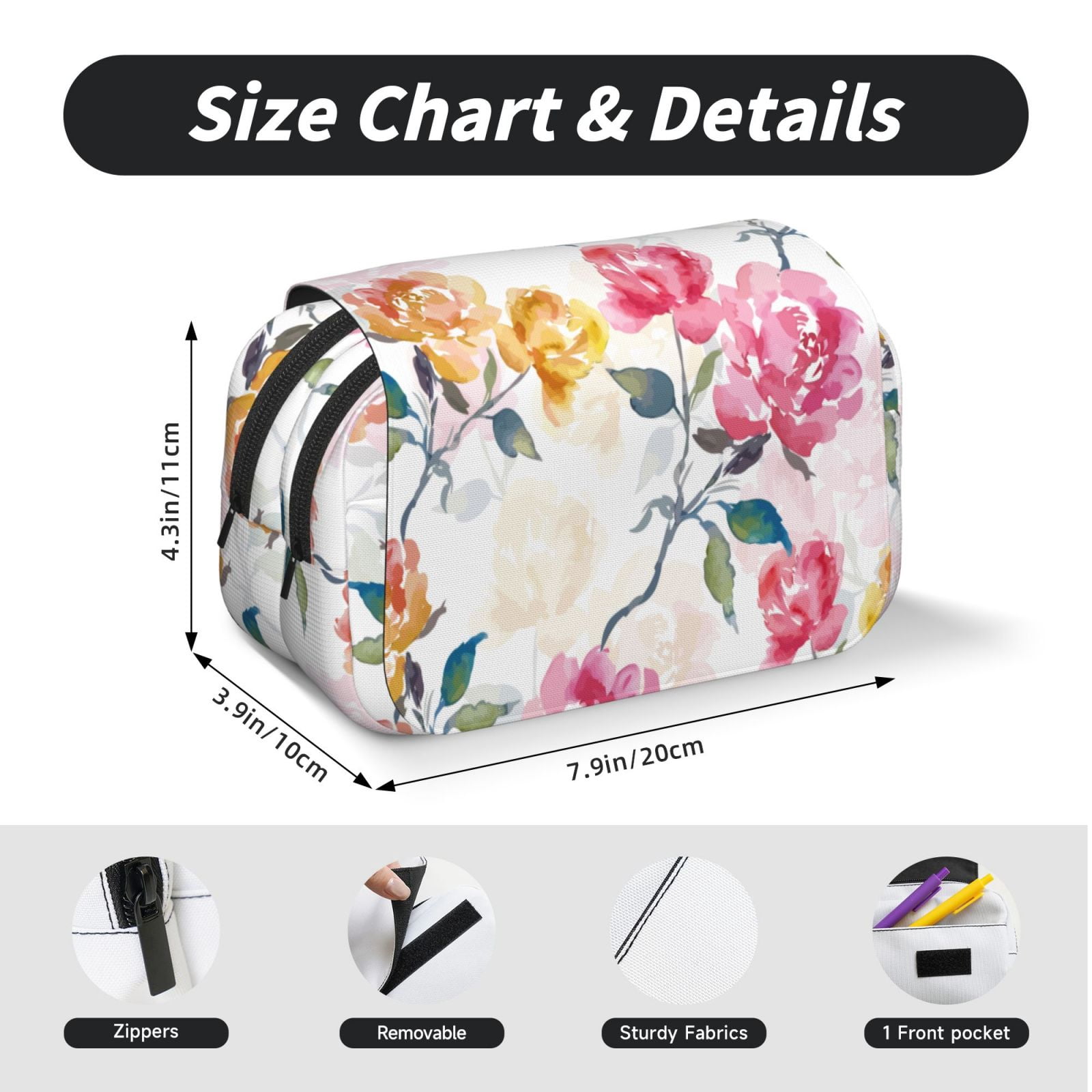 Rateoe Colorful Flowers Pattern Double Clamshell Pen Case, Storage Organizer with Two Zipper Compartments– Holds Up to 50 Pencils & Pens