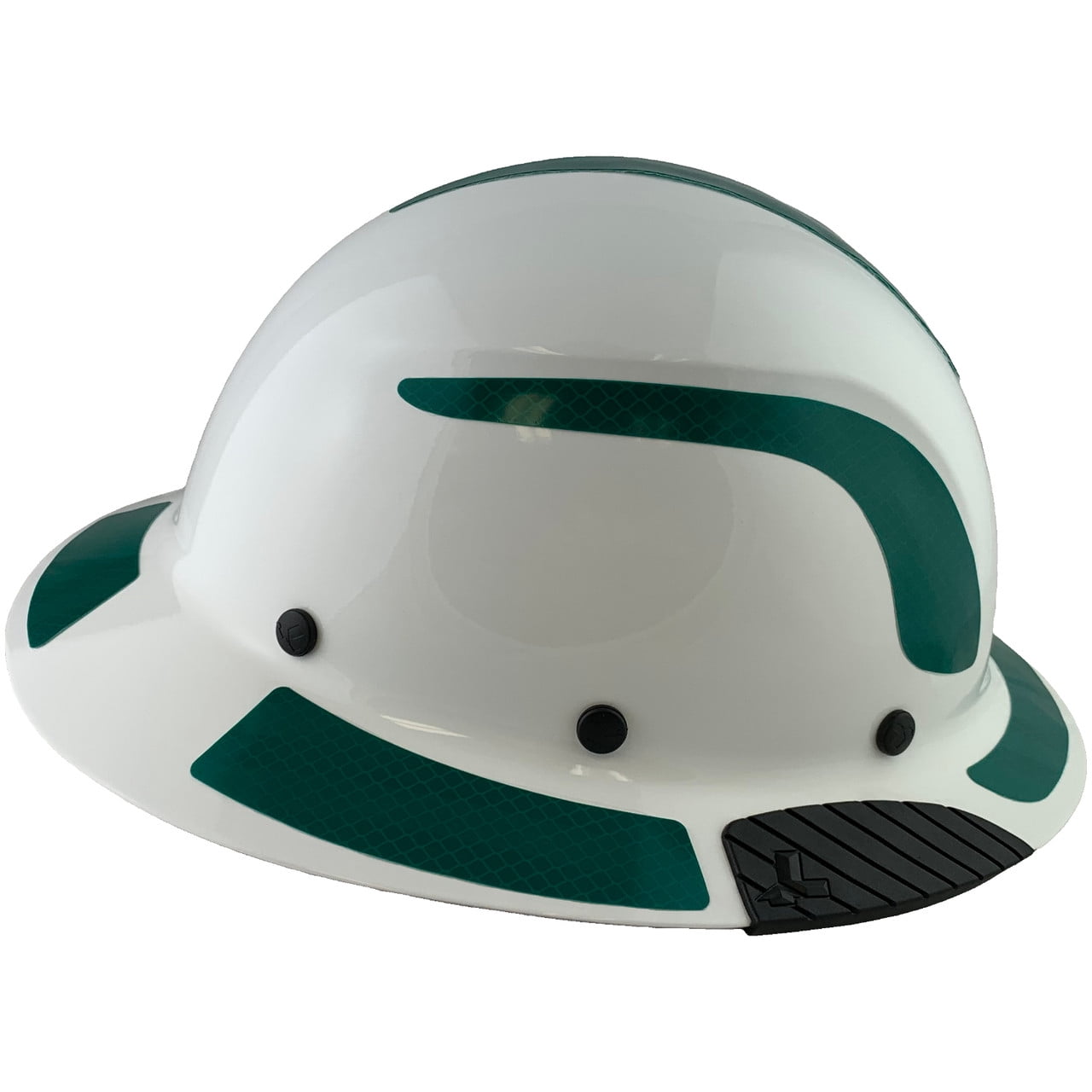 Actual Carbon Fiber Hard Hat - Full Brim White with Reflective Green Decal Kit Applied