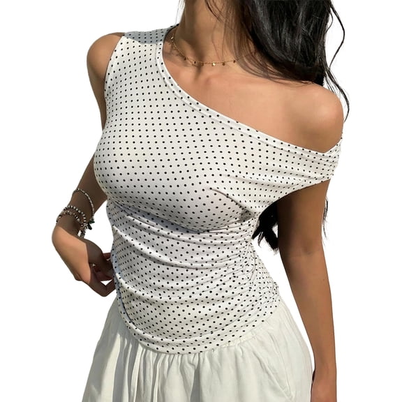 EMMIOL Women's Off Shoulder Sleeveless Polka Dot Ruched Tank Top - Y2K Casual Going Out Top