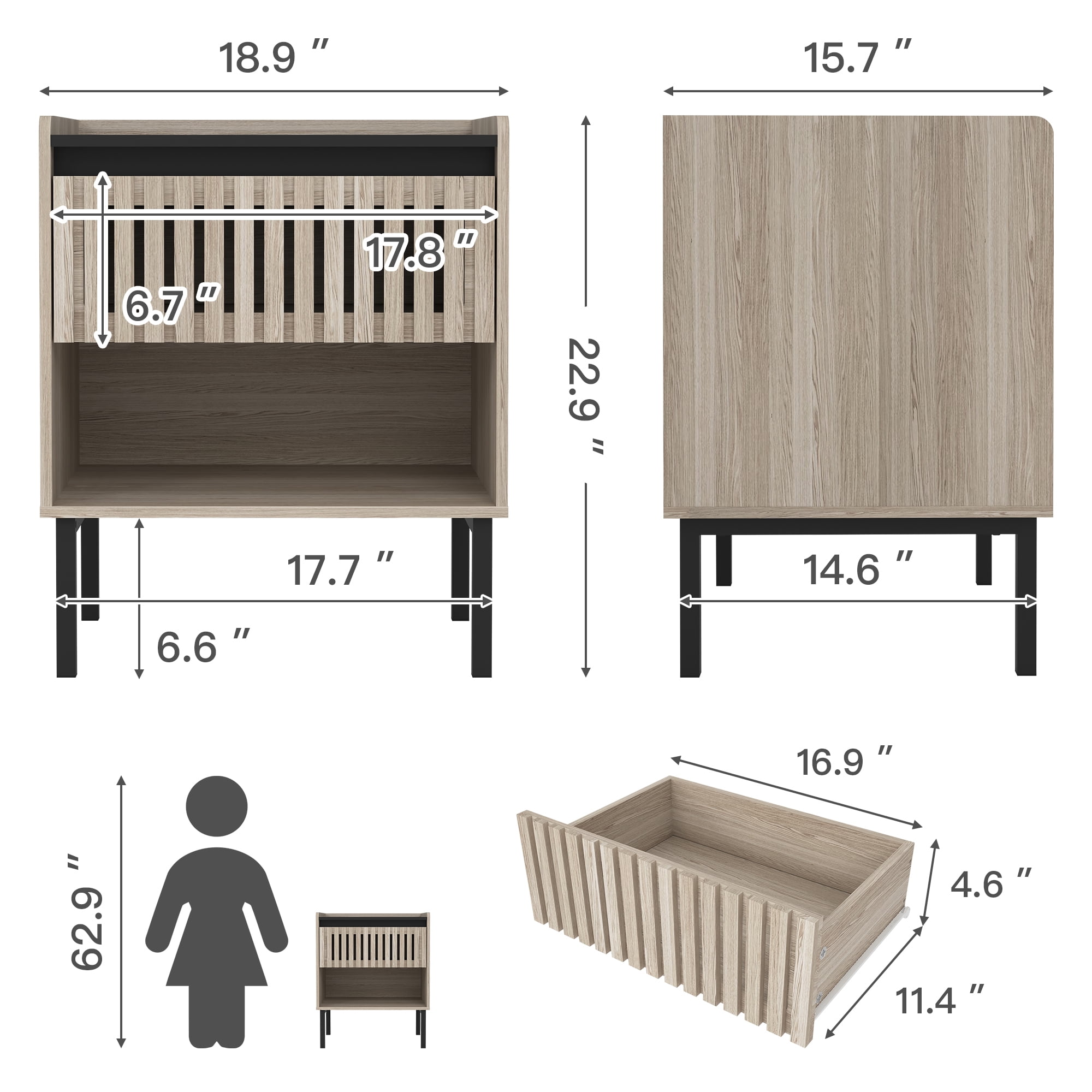 Demi Bonn Set of 2 Modern Nightstand with Minimalist Iron Foot Design, Vertical Stripe Elements, Bedside Cabinets for Contemporary Homes, Beige