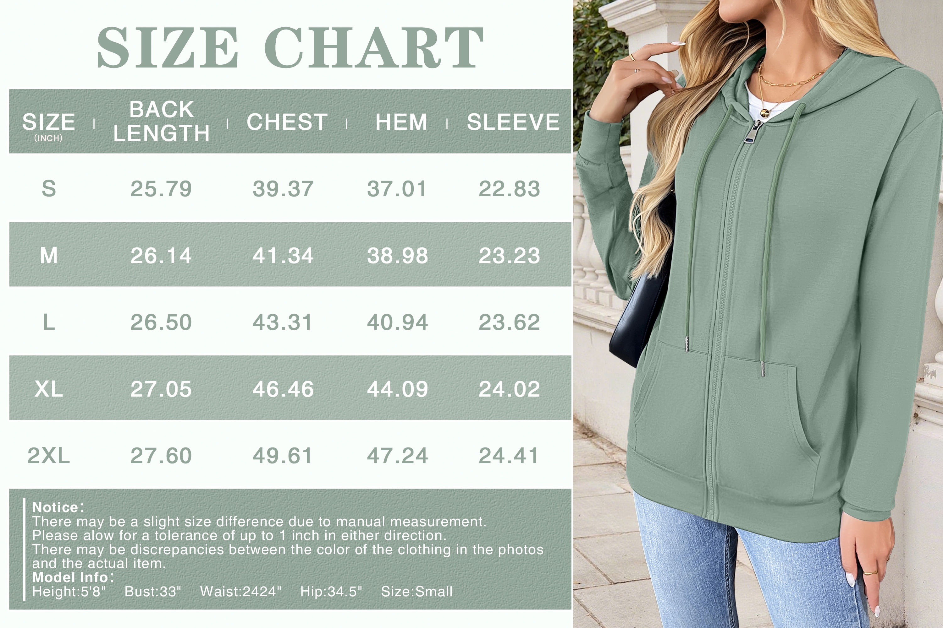 HOWCOME Basic Women's Full-Zip Hoodie – Lightweight Non-Fleece Long Sleeve Track Jacket with Adjustable Hood and Pockets, Mint Green X-Large