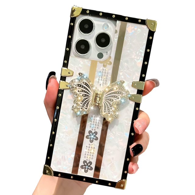 Funda compatible con iPhone de 16 a 6,1 pulgadas con purpurina de lujo, diseño de mariposa, plegable, con soporte, suave, con efecto espejo de policarbonato, antideslizante, para mujeres y niñas
