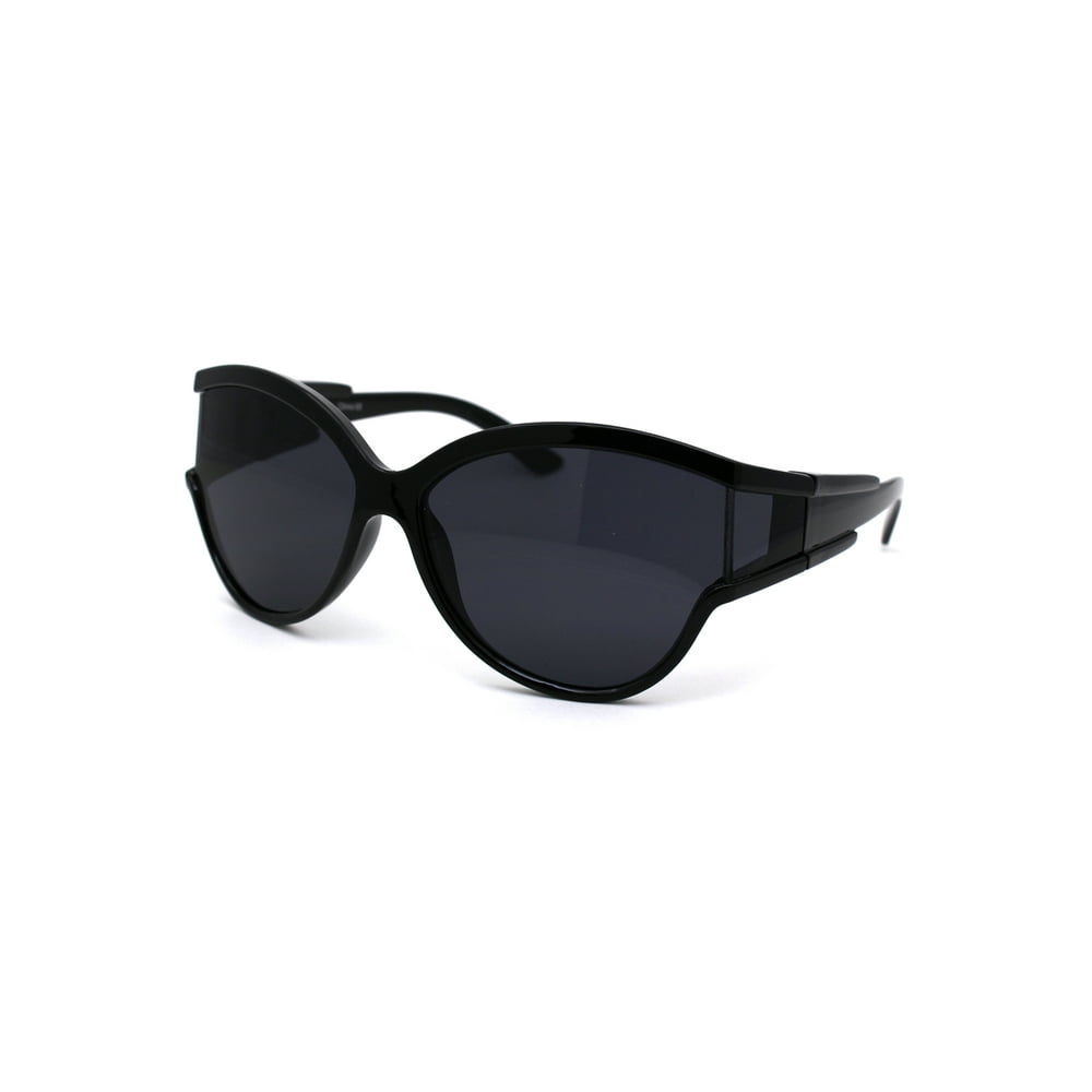 SA106 Womens Side Visor Shield Mirror Lens Round Butterfly Sunglasses All Black