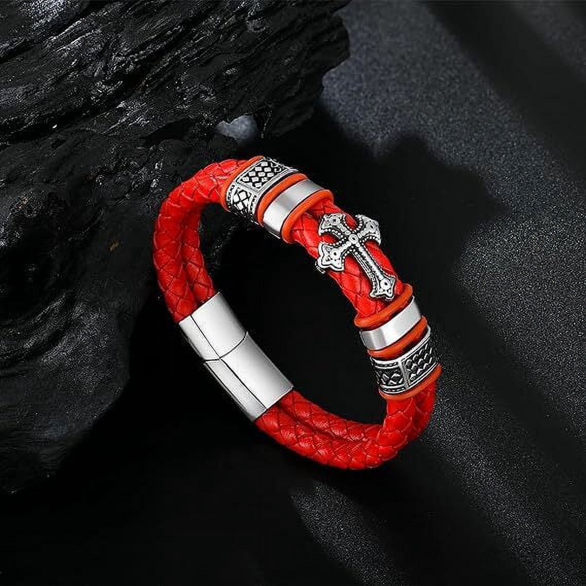 Raymard Mens Christian Cross Double Row Leather Bracelet - 8.1" Red Braided Bracelet for Men