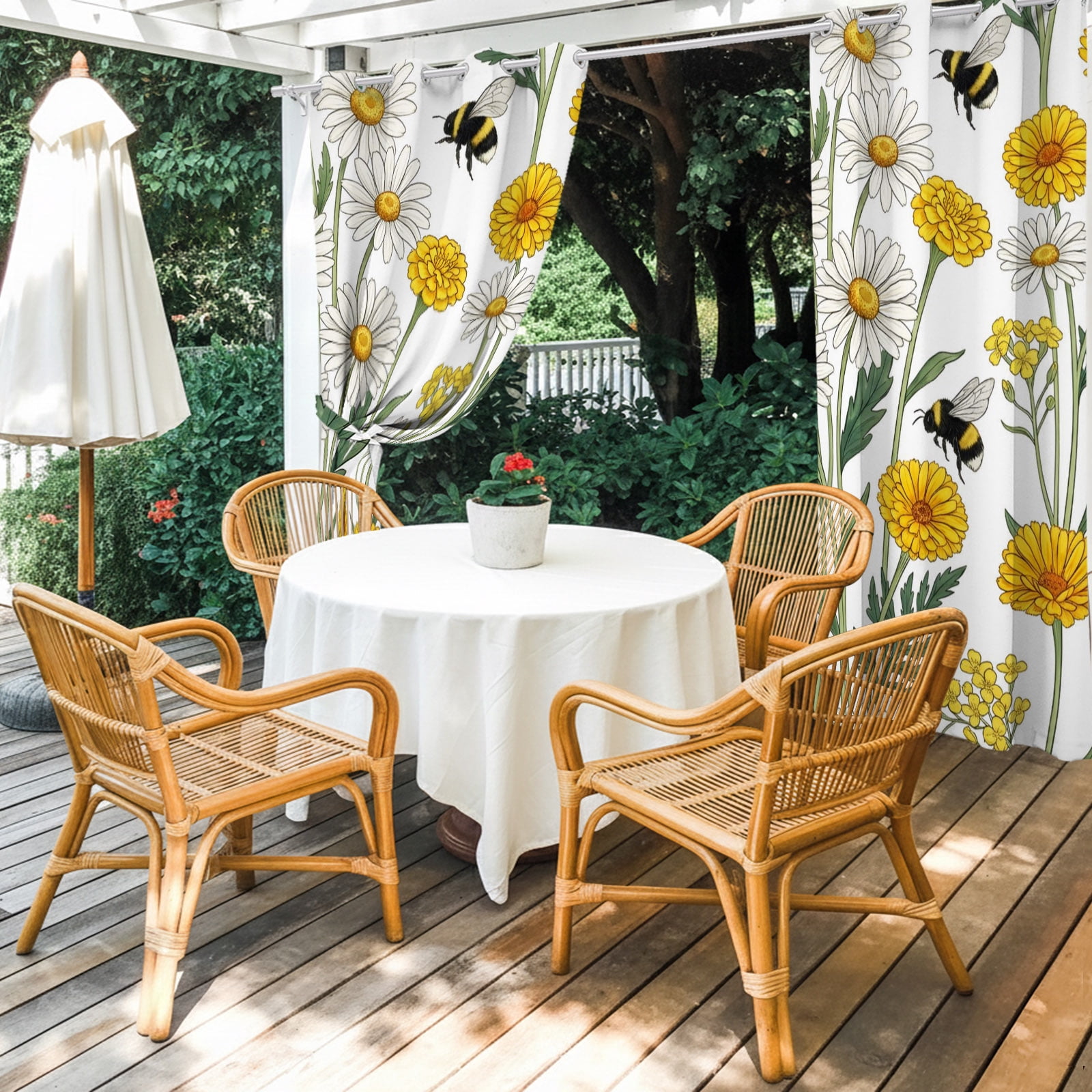 Summer Daisy Outdoor Curtains for Patio, White Yellow Flower Bee Pastoral Floral Leaves Sunshade Privacy Drapes Grommet Waterproof Outside Curtains for Porch/Cabana/Balcony 54"x 108", 1 Panel