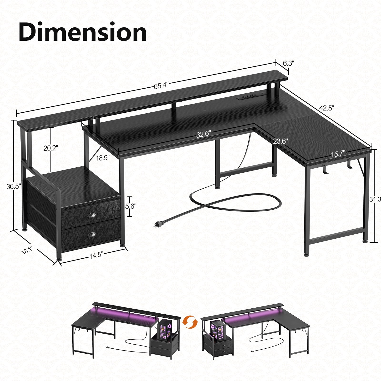Satifur 66" L-Shaped Gaming Desk with LED Lights & Power Outlets, Computer Desk with Drawers & Printer Stand, Black