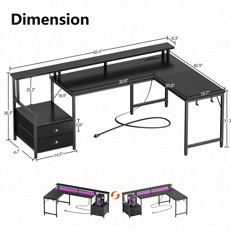 Satifur 66 Inch L-Shaped Gaming Desk with LED Lights photo 2