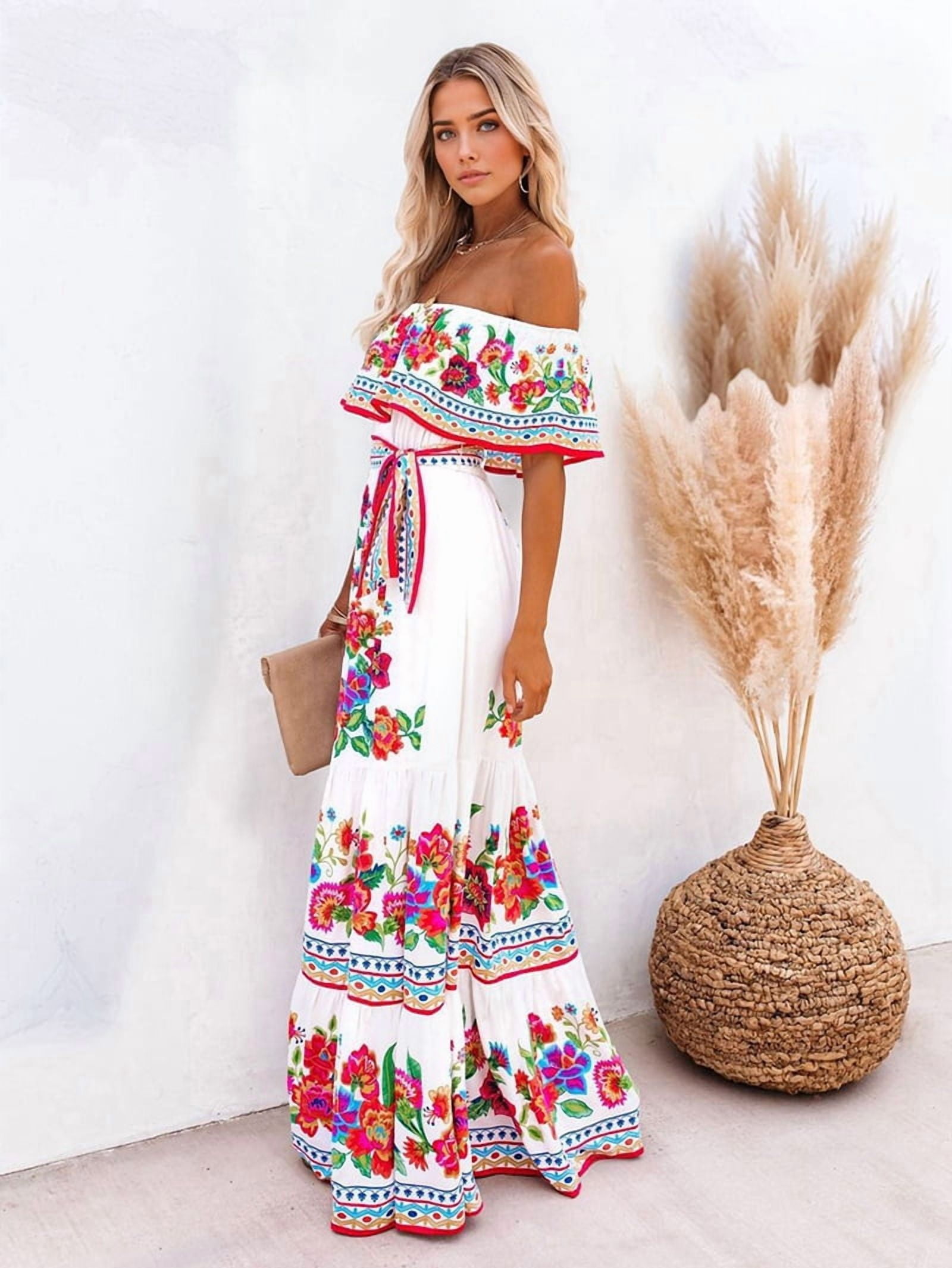 Women's Mexican Maxi Dress Off the Shoulder Sleeveless, Floral Print Long Beach Dress for Summer, Bohemian Vacation White & Red L