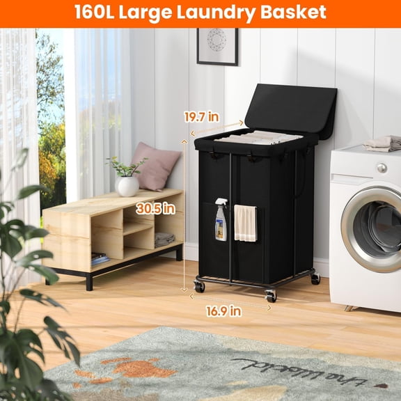Rolling Laundry Hamper 150L with Lid, Extra Tall Dirty Clothes Basket on Wheels with Removable Liner Bag & Strong Steel Frame for Laundry Room, Apartment, Black
