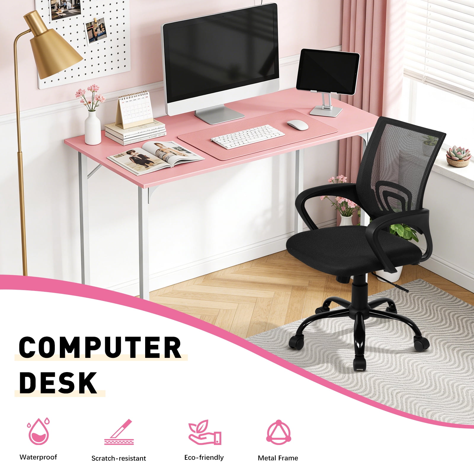 Dkelincs 40 inch Computer Desk and Chair Set Home Office Modern Wood Study Desk & Mesh Ergonomic Height Adjustable Office Chair for Small Spaces, Pink & Black