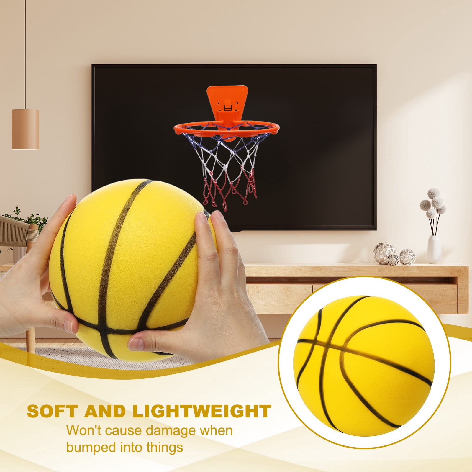Uxcell Silent Basketball No Noise High-Density Foam Dribbling Indoor Basketball with Net for Quiet Dribbling Yellow NO.3