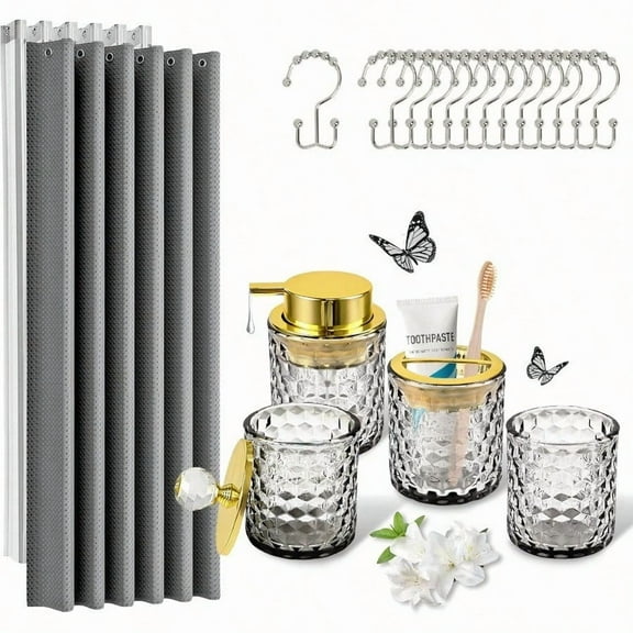 Britimes Bathroom Accories Set 5Pcs Glass Bathroom Accories Set Complete with Grey Shower Curtain Soap Dispenser Toothbrush Holder Tumbler Cotton Jars Bath Decor for Home