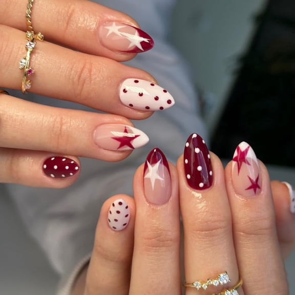 RAGUPEL Polka Dot Press on Nails Short Almond Fake Nails Cute Red White Nails Press Ons with Star&Dots Design,Reusable Artificial Nails Full Cover Stick on Nails for Women Manicure 24Pcs