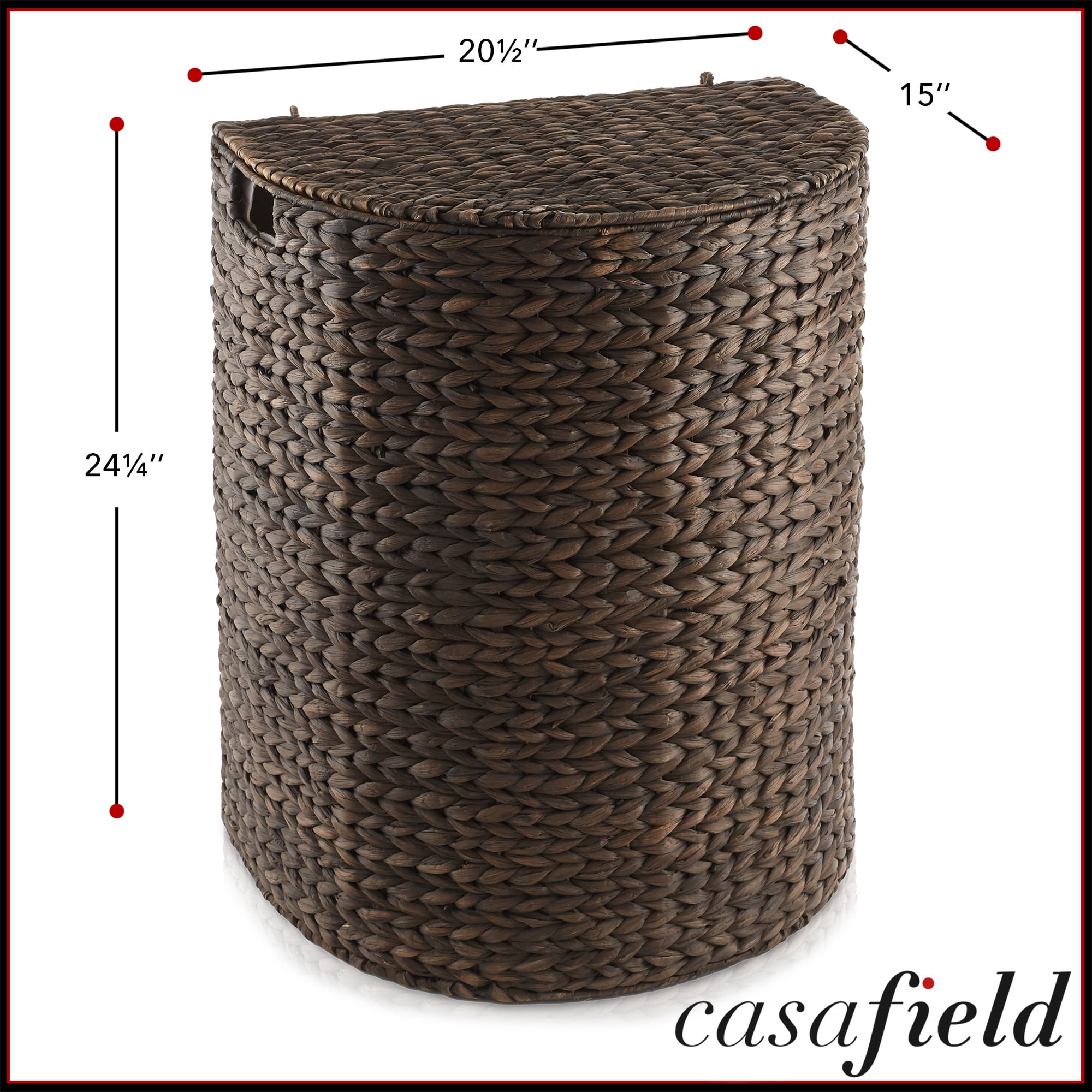 Casafield Half Moon Laundry Hamper with Lid and Removable Liner Bag - Espresso Dark Brown, Woven Water Hyacinth Laundry Basket Sorter for Clothes
