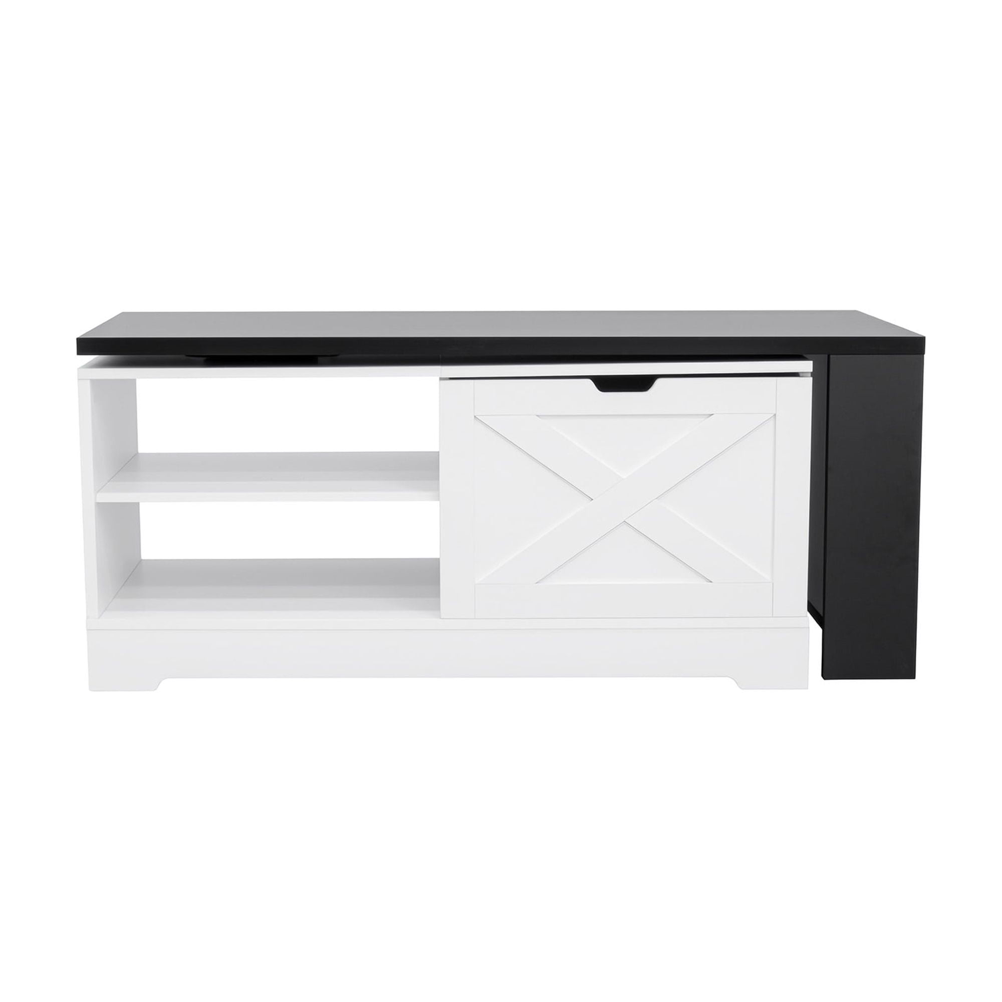 Leumius Lift Top Coffee Table with Storage,Rectangle Wood Center Table With Barn Doors and Open Cabinet, For Living Room, Bedroom, Home Office,White+Black