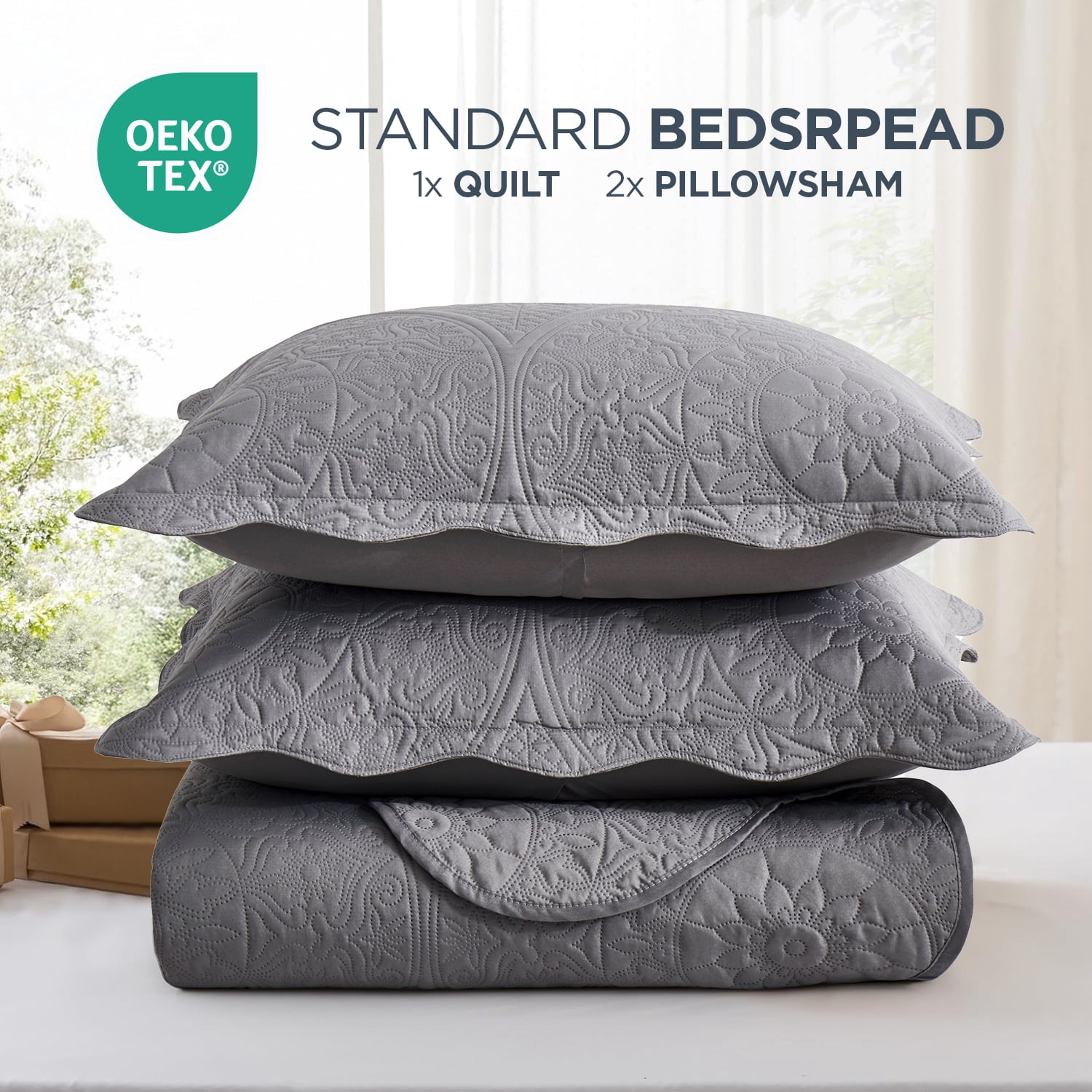 Moonlight20015 3 Piece Quilt Set Lightweight Microfiber Bedspread Modern Floral Embossing Gray Queen