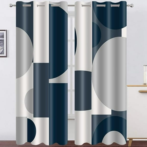 Abstract Blackout Curtains Navy Blue Modern Geometric Circles Curtain Mid Century Blue Gray White Minimalist Vintage Grommets Window Drapes For Bedroom Kitchen Living Room 53"W x 84"L (Pack of 2)