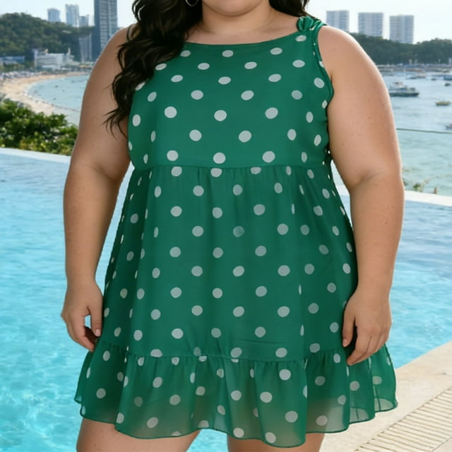 HongQid Robes d'Été Sans Manches pour Femmes Décontractées Tunique à Volants à Pois en Mousseline Robe Courte