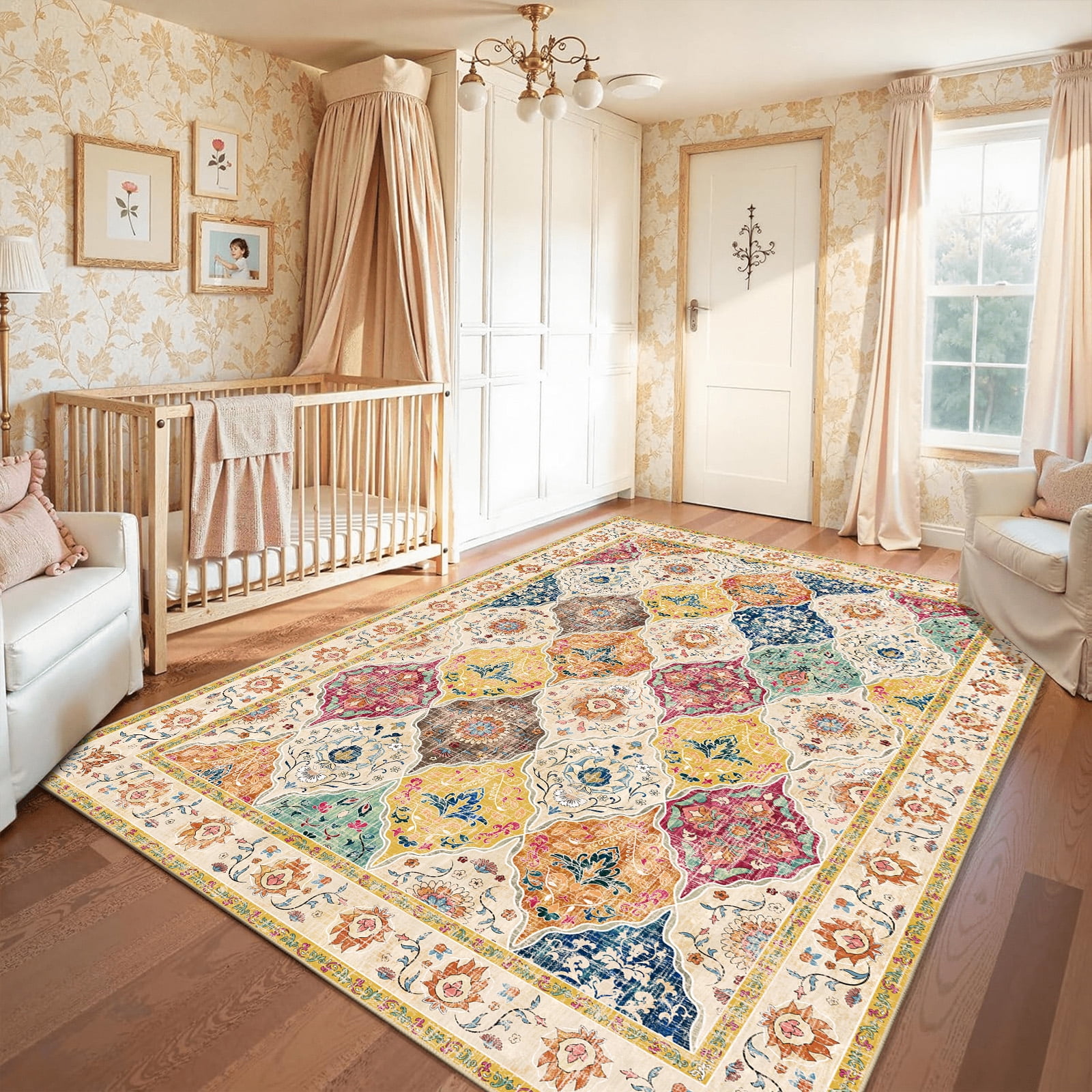 MJIAexp 5'x7' Moroccan Area Rug Washable Bedroom Rug Vintage Boho Area Rug Non-Slip Accent Throw Rug Stain Resistant Floor Carpet for Kitchen Entryway Living Room Office Multi-Color
