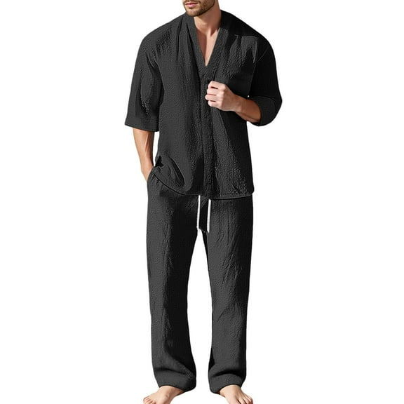 NAFUU Men's 2 Piece Shirt Sets Casual Simple Half Sleeve Stand Collar Henley Shirts Loose Pants Set Summer Beach Vacation Outfits Commuting Work Outfits