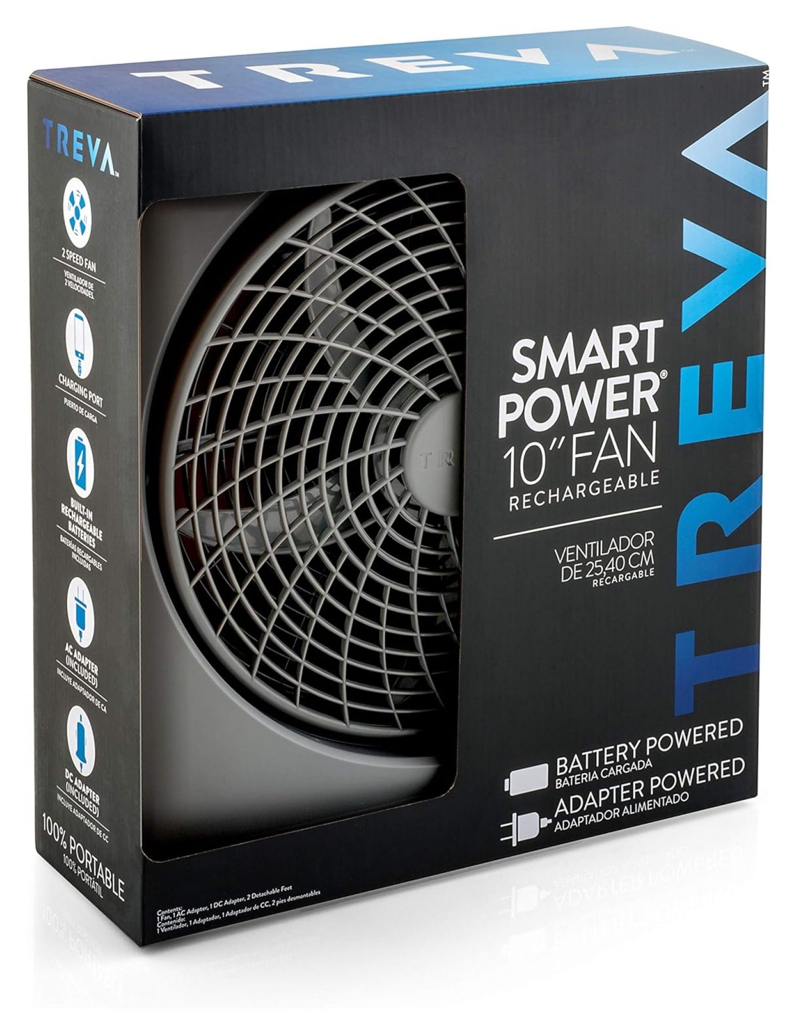 Treva 10 inch Rechargeable Portable Fan Smart Power Air Circulator. Plug-In Adapter and Battery Powered, USB Charging Port, For Camping Travel and Indoors Use