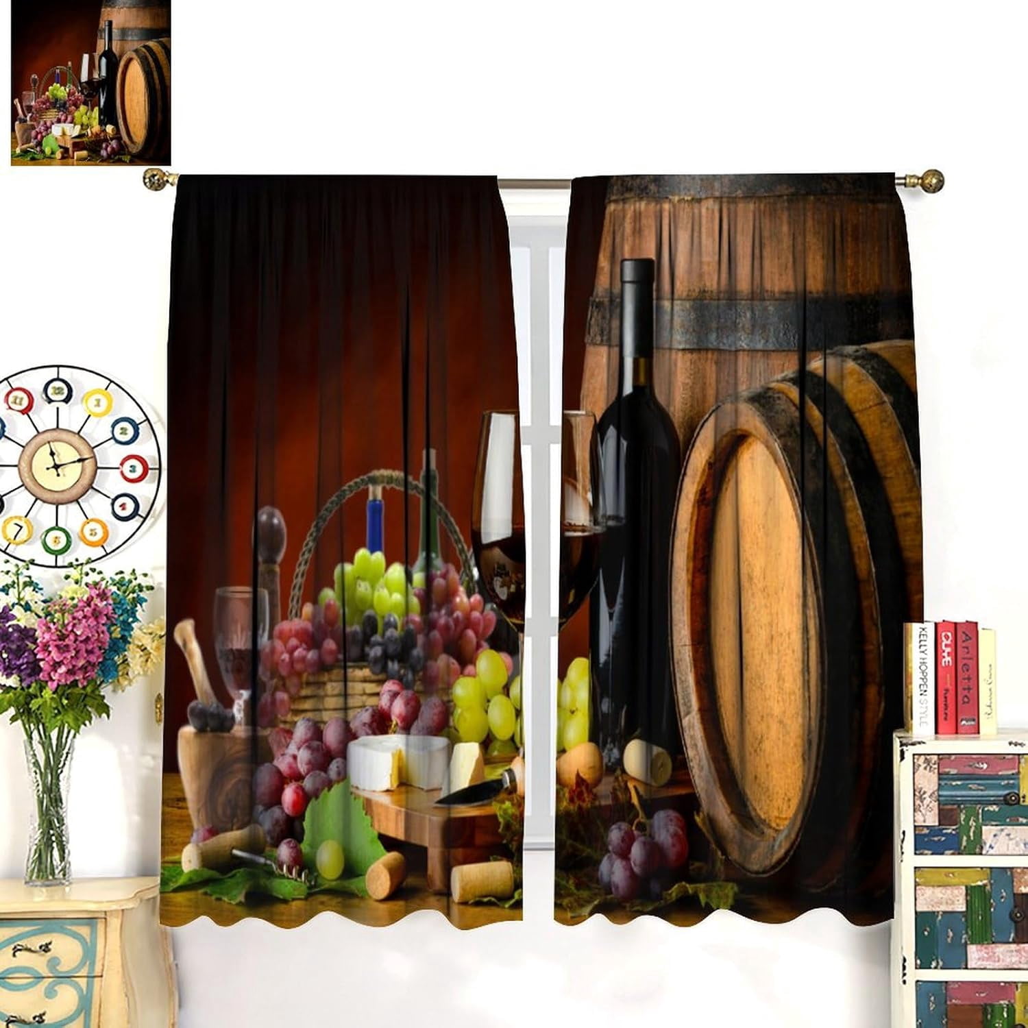 Red Wine Kitchen Curtains Vintage Grapes Brown Wood Barrel Curtain with Rod Pocket for Bedroom Living Room Home Decor Drapes Thermal Insulated Window Treatments 2 Panels Set 84x84in