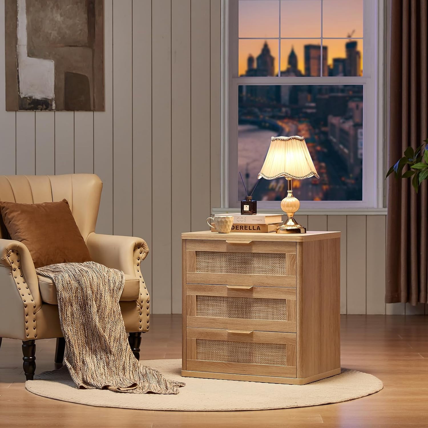 LEYAOYAO 3-Piece Rattan Dresser & Nightstand Set - Natural Oak 6-Drawer Dresser (48") & 2 Nightstands, Boho Bedroom Furniture Set with Storage