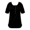 thumbnail image 4 of MIXUE Boho Tops For Women Summer Solid Color Round Neck Button Off Shoulder Short Sleeve Tee Shirts Sportswear,Black,L, 4 of 4