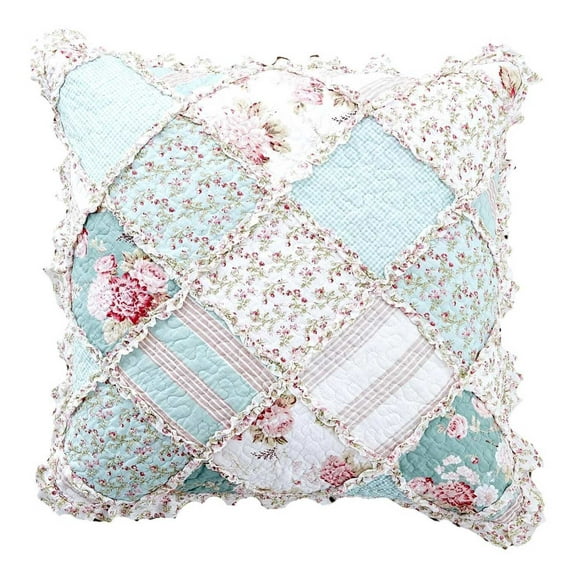DaDa Bedding Patchwork Hint of Mint Floral Cotton Patchwork Euro Pillow Cover, 26" x 26" (JHW3036)
