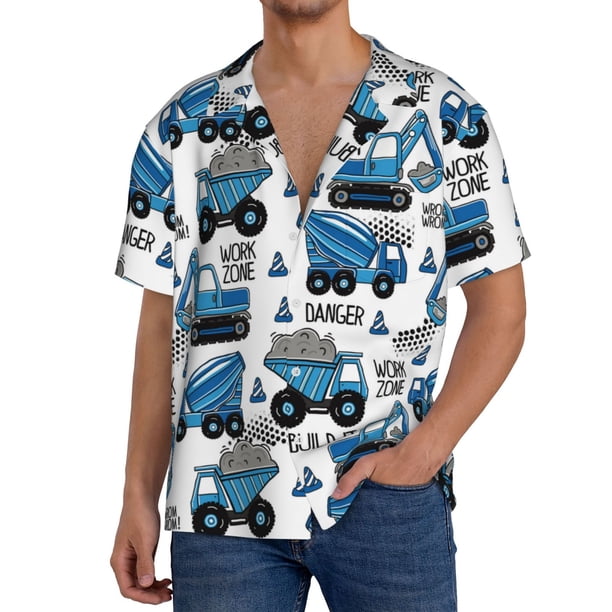 Balery Blue Excavator Camisa Casual de Manga Corta con Botones para Hombre, Texturizada, Estilo Cubano, para Playa, Verano-Large