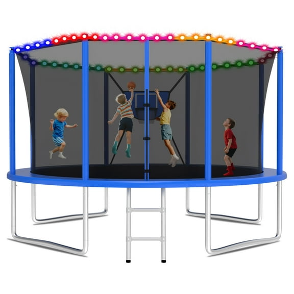 KOFUN Trampoline 12FT with Basketball Hoop for Kids and Adults, Capacity 1200LBS, Outdoor Backyard Trampoline with Enclosure Net, Ladder, Light, Blue