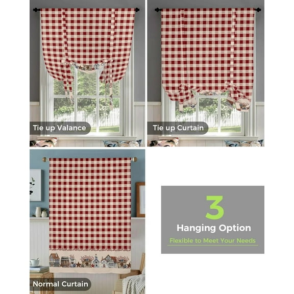 Country Star Berry Retro Red Plaid Window Curtain Tie Up Curtains for Kitchen Living Room Adjustable Rod Pocket Drapes