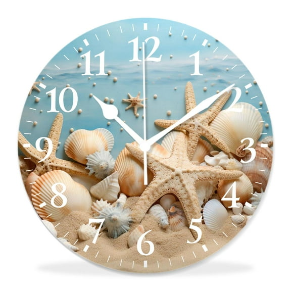10 Inch Wall Clock Battery Operated Silent Clock Decorative for Office, Kitchen, Outdoor, Living RoomSummer Beach Seashell Picture