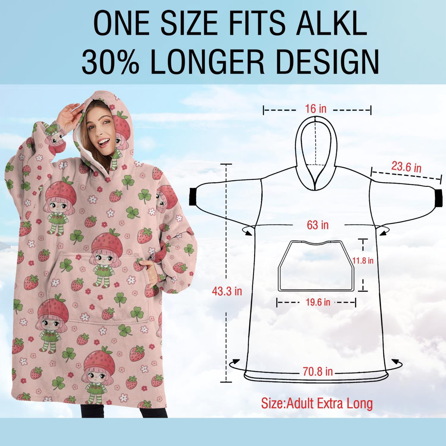Oversized Wearable Blanket Hoodie,Strawberry Princess Pattern Sherpa Blanket Hoodie with Super Pockets,Super Warm Fuzzy Pullover for Women & Men
