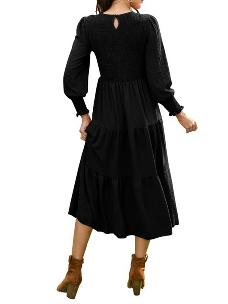 Mengpipi Womens Casual Long Sleeve Midi Dresses Smocked Flowy Tiered Dress  Blue, Size 16-18 - Walmart.com