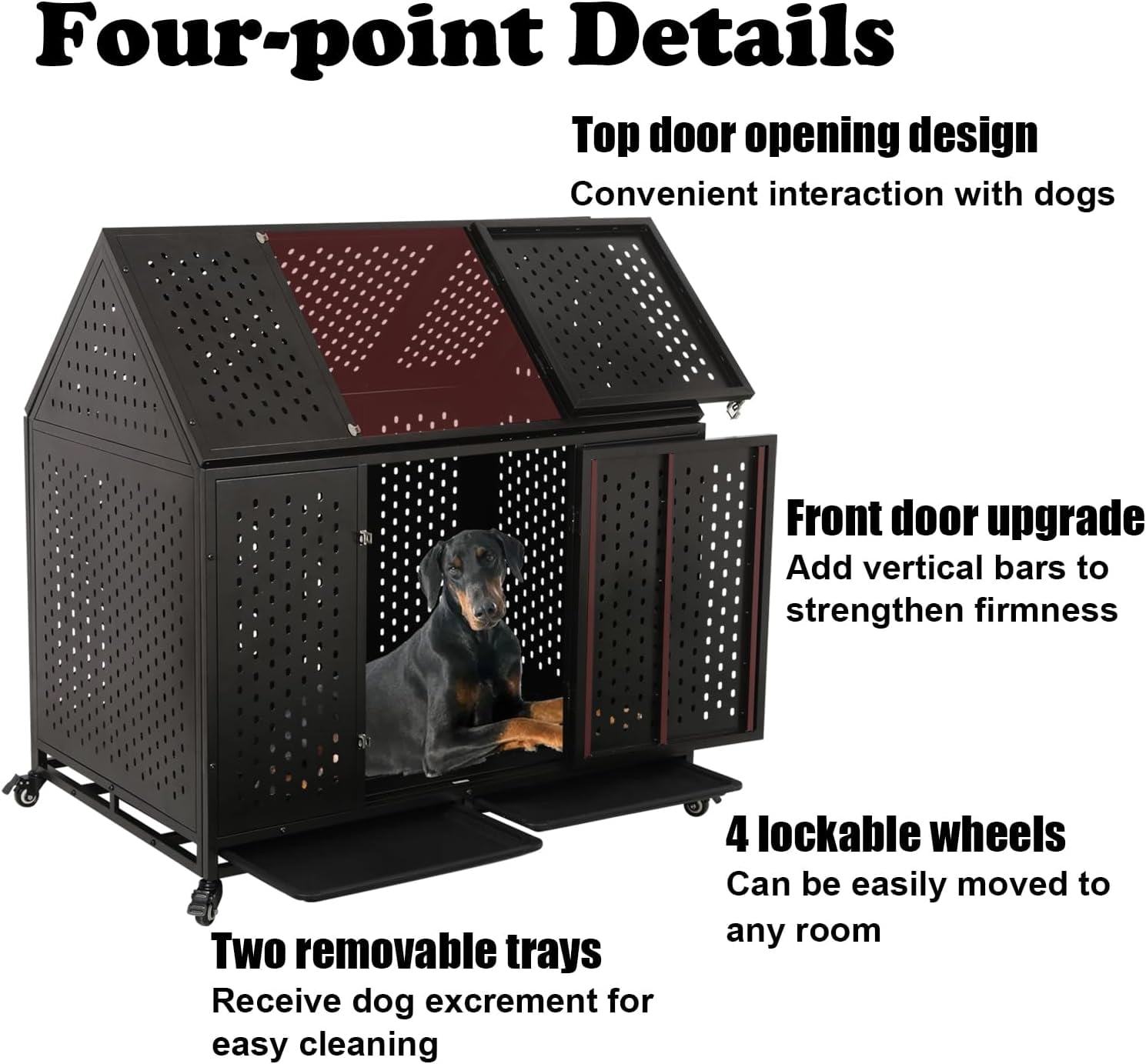 44 Inch Heavy Duty Indestructible Dog Crate with Wheels, Steel Escape-Proof Indoor Double Door High Anxiety Cage, Durable Chew-Proof Strong Kennel with Removable Tray for Large Medium Dogs